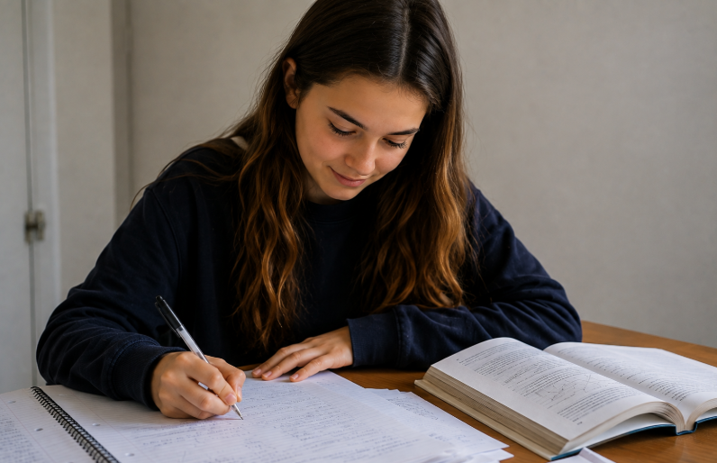 Young A-Level Maths student studying and working through maths questions at a desk.