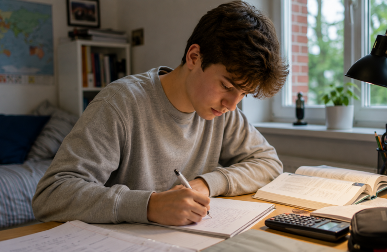 Young boy A-Level Maths student studying and working through maths questions at a desk.