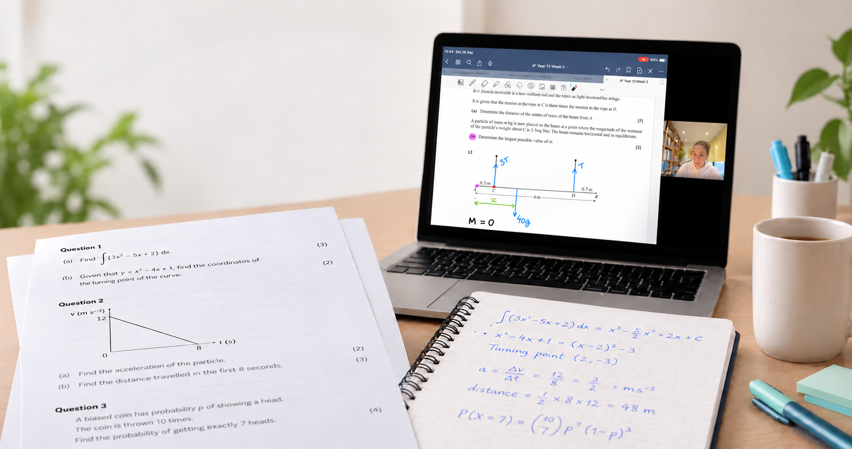 A-Level Maths exam papers and handwritten calculations on a desk beside a laptop displaying a recorded online Maths lesson